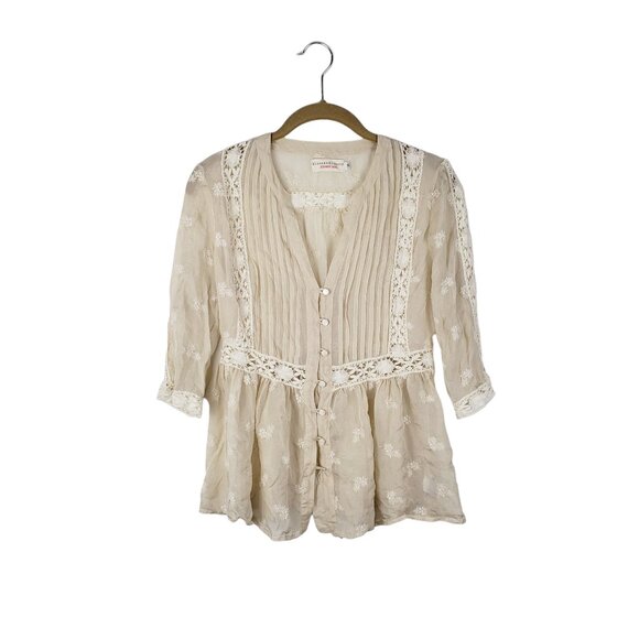 Johnny Was Tops - Johnny Was 4 Love and Liberty Ivory Silk Boho Babydoll Top Embroidered Size XS